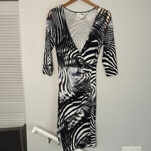 Joseph Ribkoff Zebra Wrap Dress 3/4 Sleeve Black Lettuce Hem Size 8